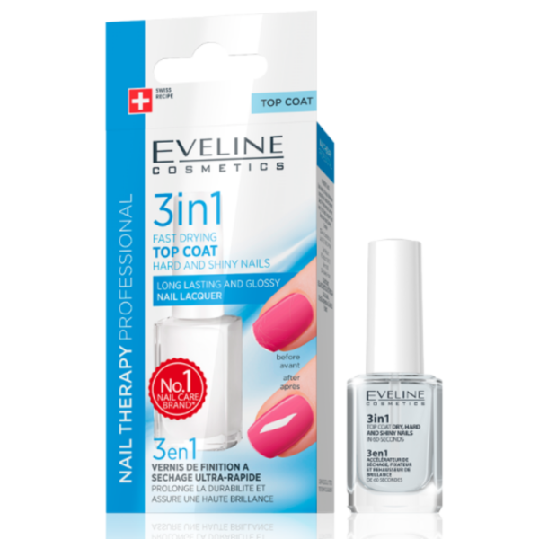 Eveline Nail Therapy Fast Drying Top Coat 3 in 1 Long Lasting Nail Lacquer 12ml