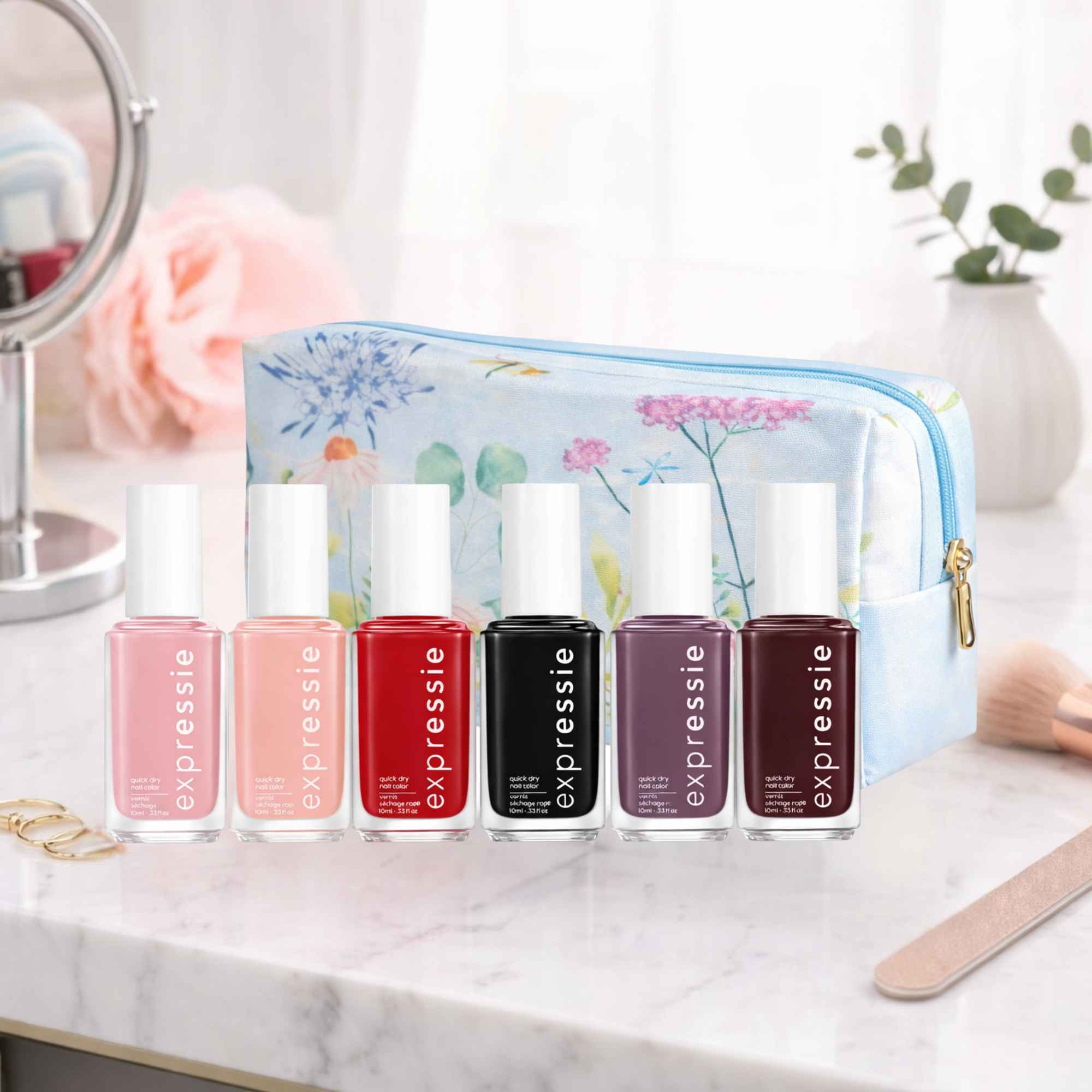 Essie Expressie Nail Polish Gift Set 6 x 10ml Quick Dry Nail Polish with Floral Cosmetic Bag Beauty Gift for Her - Image 2