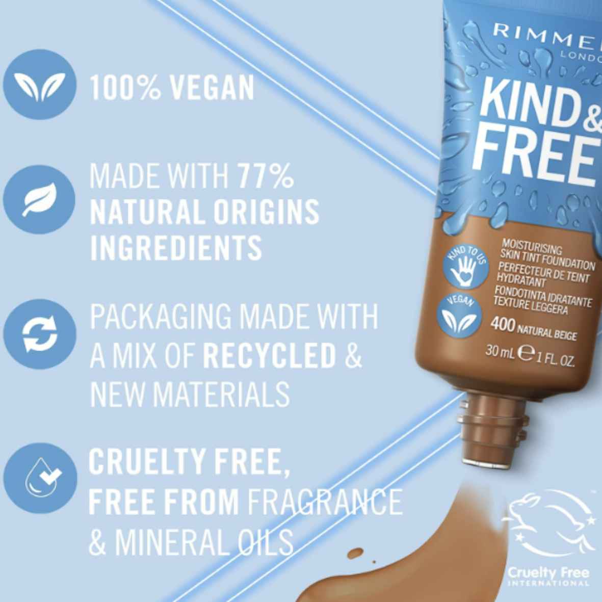 Rimmel Kind & Free Moisturising Skin Tint Foundation 400 Natural Beige 30ml - Image 3